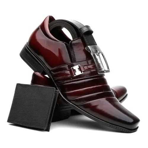 Kit Sapato Social Masculino Verniz Calço Pratico Forrado Conforto + Carteira em Couro + Cinto Ajustavel