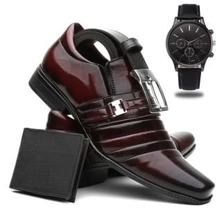 Kit Sapato Social Masculino Vernizado Calço Pratico + Carteira em Couro + Cinto Ajustavel + Relogio Ponteiro