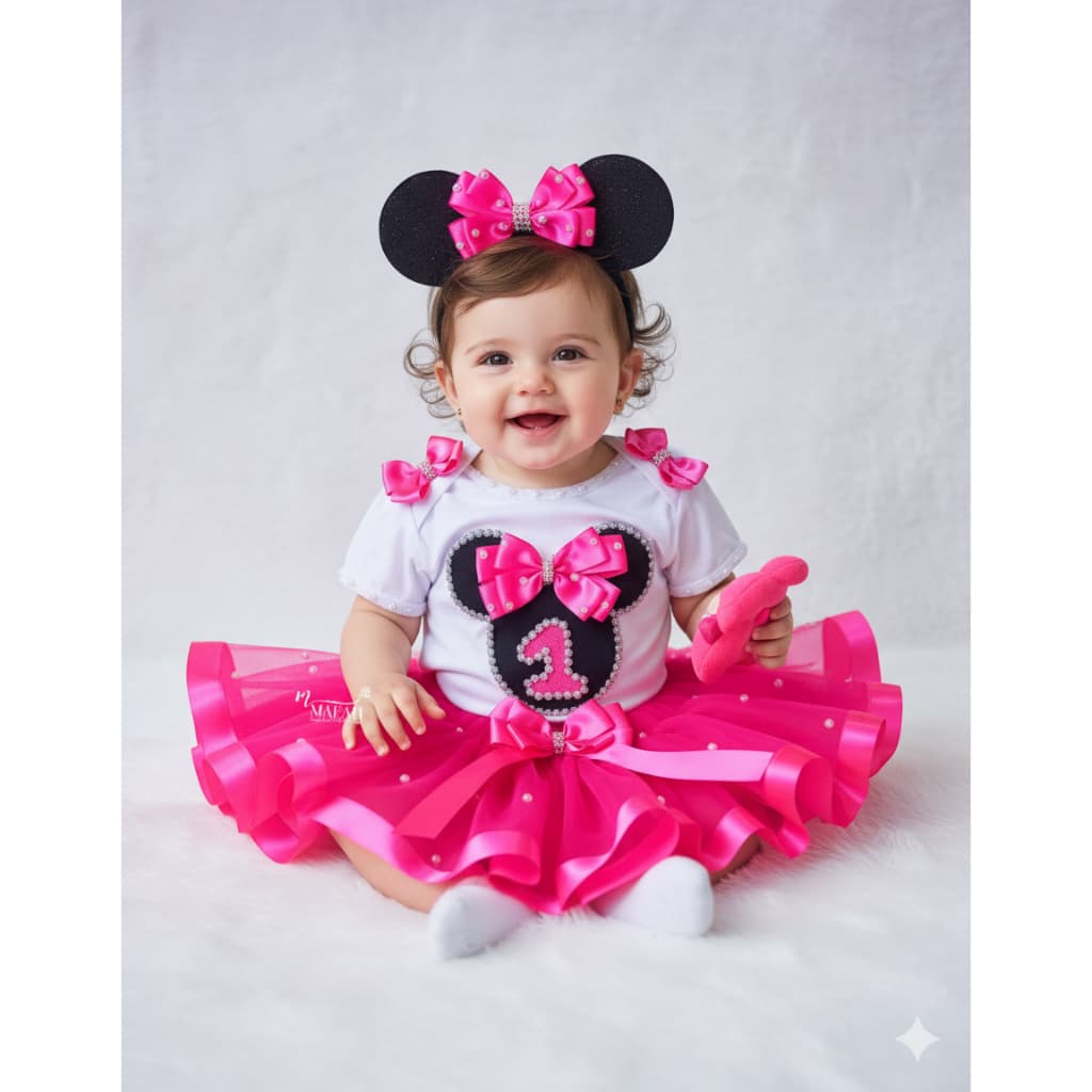 Fantasia Minie Rosa Pink Infantil RN ate 4 anos Body Personalizado Saia de Tutu e Tiara