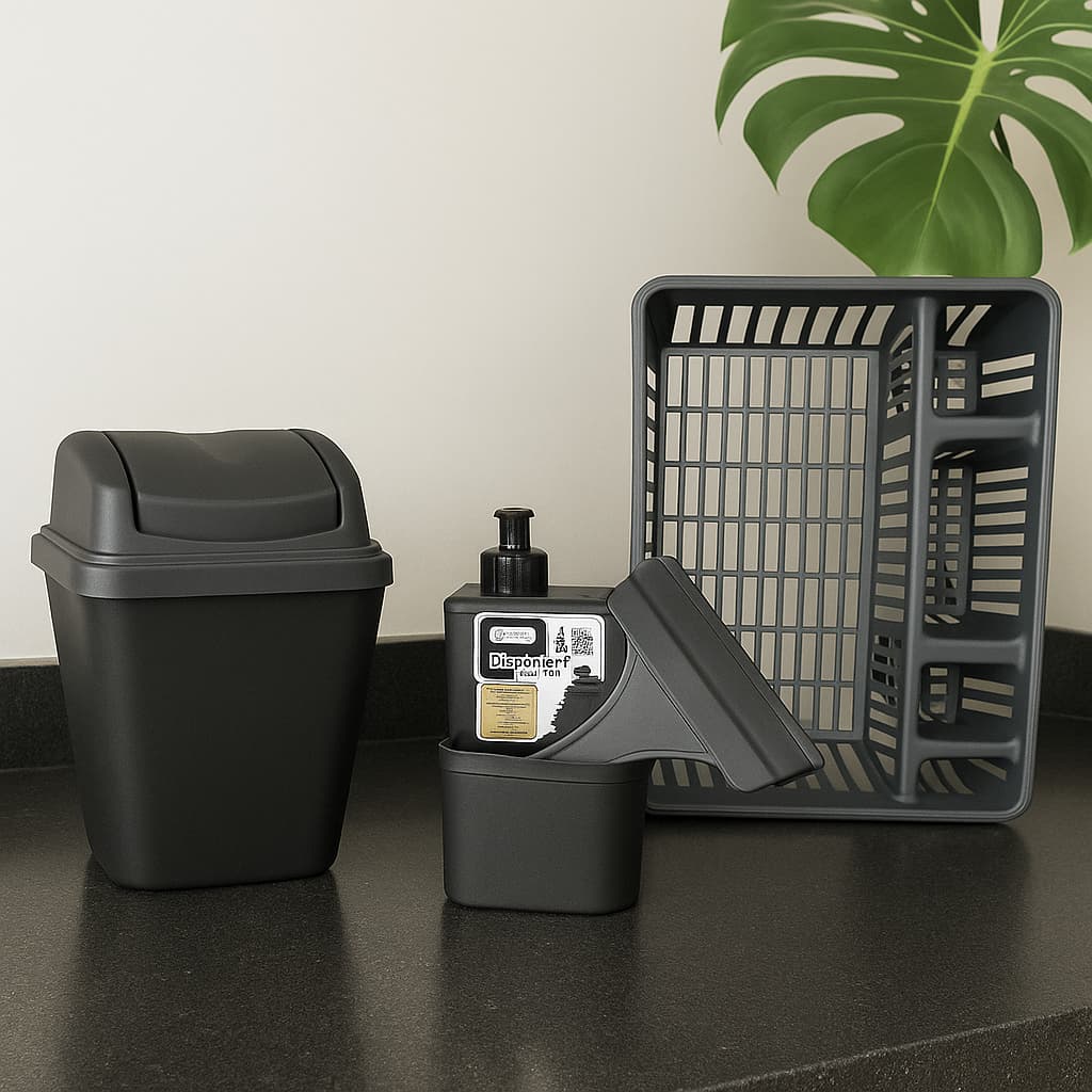Kit Cozinha Escorredor de Louça + Lixeira 5L + Porta Detergente + Rodinho de Pia Preto Resistente