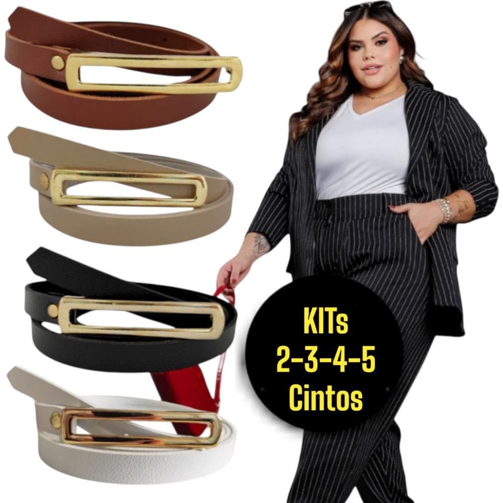 Kit Cintos Plus Size Retangular Fivela Dourada Fino Elegante Moda Feminina Verao