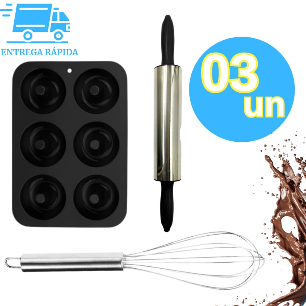 Kit 3 Peças Formas de Mini Donuts + Rolo para Massas Giratório de Inox + Batedor de Ovos Massas Fue