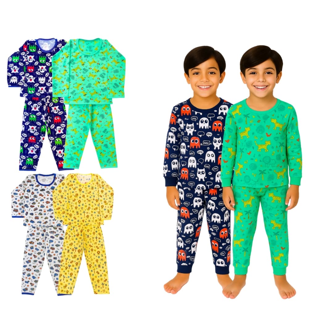 Super Kit 6 Pijamas Infantil Menino – 3 Blusas de Manga Longa + 3 Calças Confortáveis para Noites