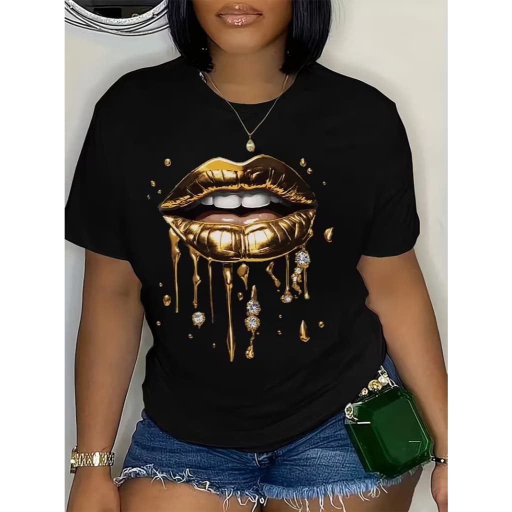 Camiseta feminina de manga curta com estampa labial Boca Camisa decote redondo verão, Roupas Sazonais,Top Versátil