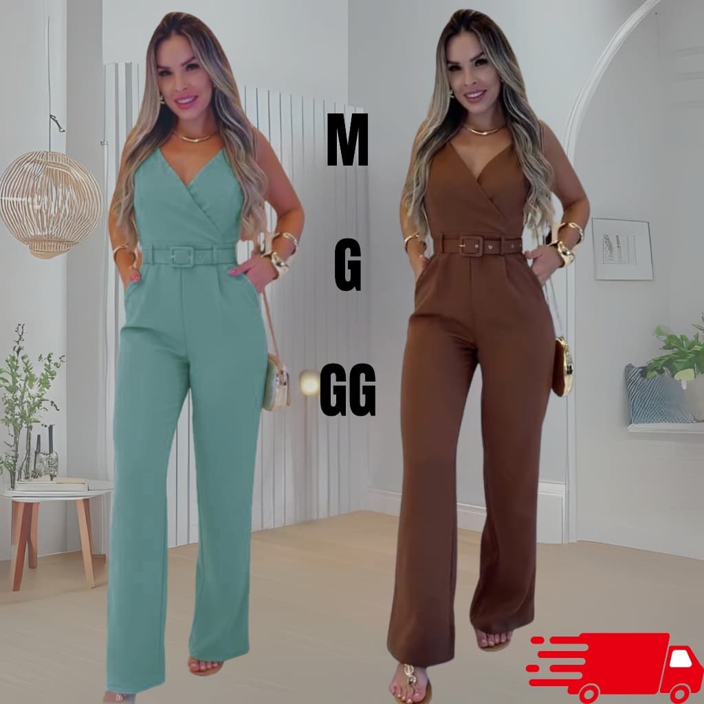 Macacão Feminino Social Longo Elegante com Cinto Incluso Moda Premium