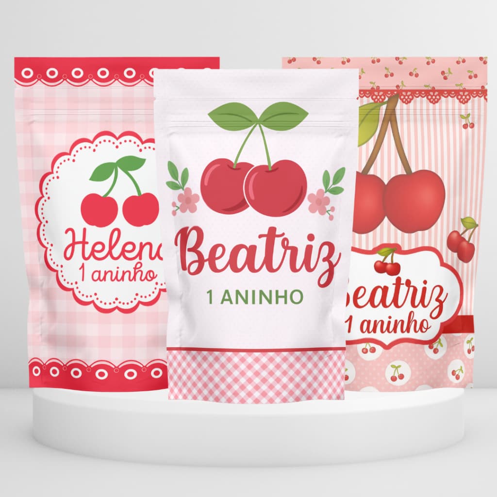 Saquinhos Metalizados Personalizados com Zip | Lembrancinhas para Festa Infantil | 10x15 ou 12x19 Tema Cerejinha