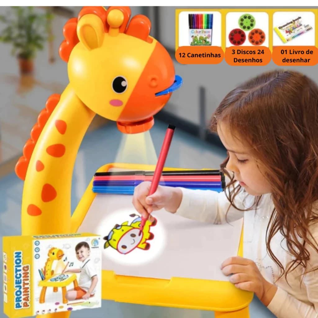 Lousa Mágica C/ Projetor Girafinha 24 Desenhos 12 Canetinhas e 1 Caderno De Colorir Brinquedo Menina Menino