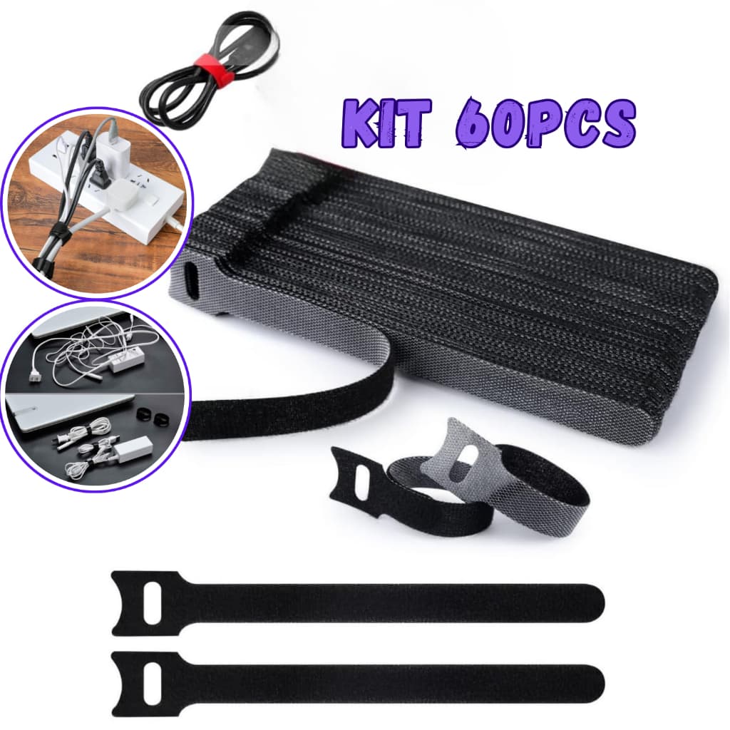 Kit 60 UN Econômico Abraçadeira 15cm Preta Organizador de Cabos e Fios Reutilizável Presilha Fixador