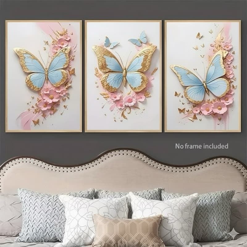 Kit 3 Quadros Decorativos Borboletas Azul Douradas e Rosas  Decoração de Parede Moderna Menina
