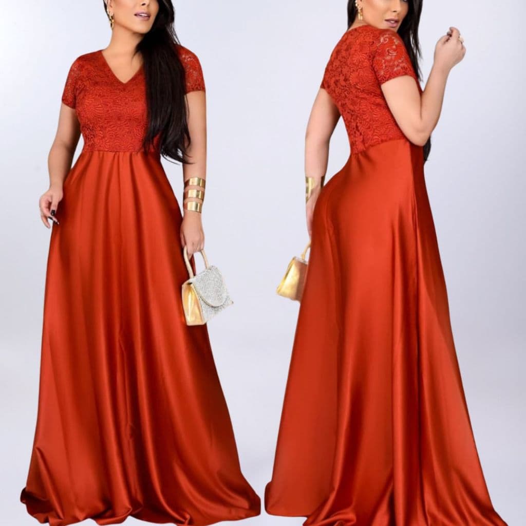 vestido longo  terracota de renda e saia de crepe acetinado festa madrinha de casamento formatura elegante manga curta