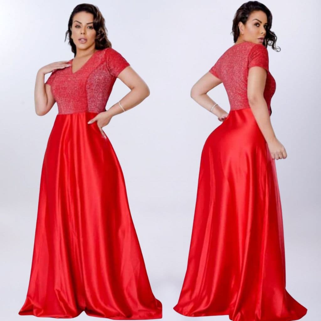vestido longo de lurex e saia de crepe acetinado gode elegante para madrinha de casamento formatura festa vermelho