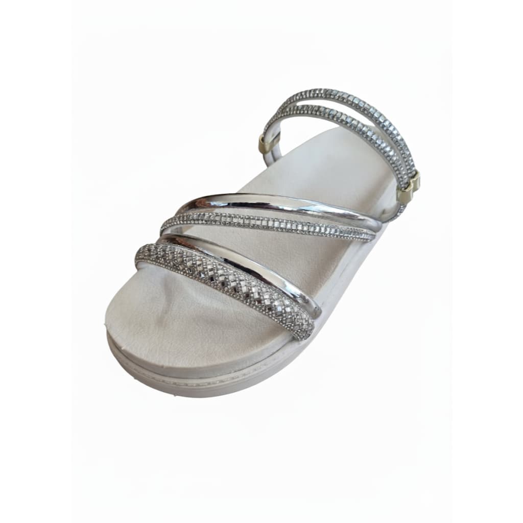 Sandália Birken plataforma feminina Confortavel Branca Tiras Strass Brilho Prata Versatil 2 em 1