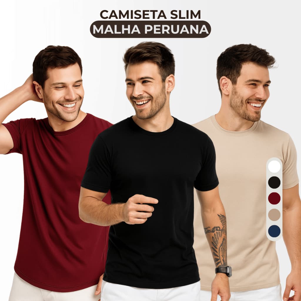 Camiseta Básica Masculina Slim Fit Algodão Malha Peruana Cotton Premium com Elastano Lisa