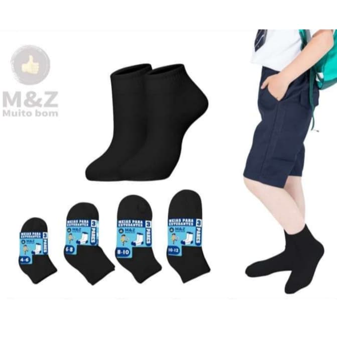 Kit 3 ou 12 Pares Meia Algodão Cano  Juvenil Feminina ou Masculina  Sortidas Preto.Branco(4-12 Anos)
