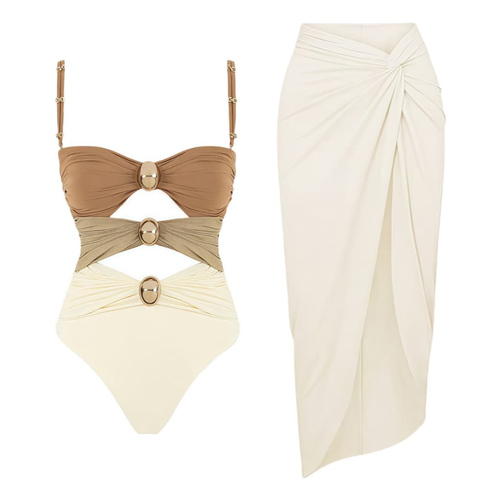 Conjunto Feminino Biquíni Maiô (1 Peça/Recortes, Alças Finas) + Saia/Quimono de Praia Modelo Sensual Estiloso - QUALY