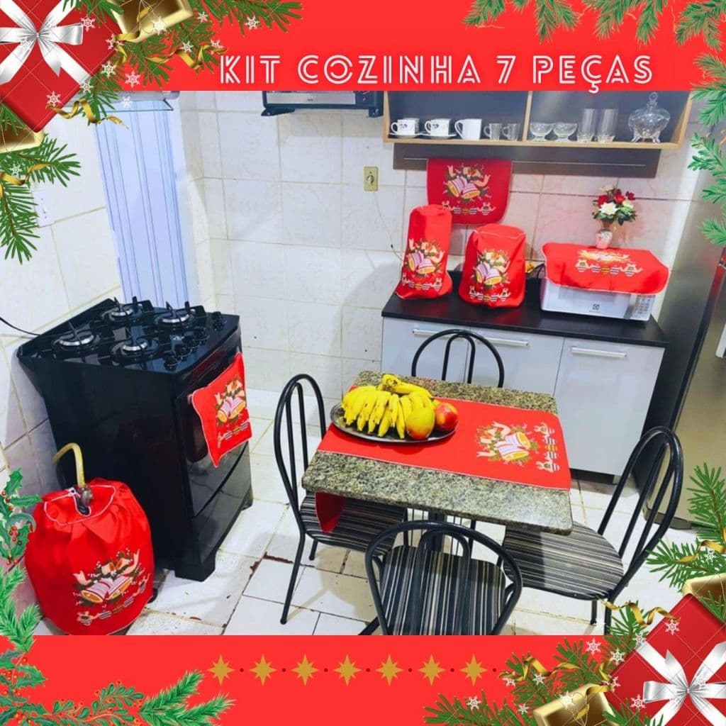 Jogo Cozinha Pano 7 Peças Natal Natalino Papai Noel SInos Presentes Enfeites Decoração Natal Barato