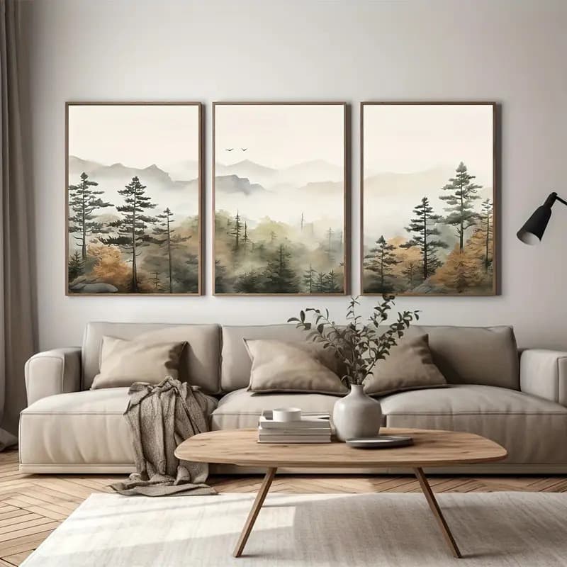 Kit 3 Quadros Paisagem Floresta e Montanhas Névoa Aquarela Zen Para Sala Quarto Decoração