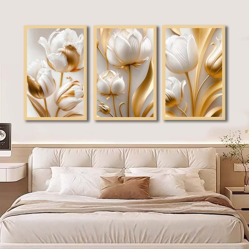 Quadro Decorativo Flores Tulipas Brancas Douradas Moderno Decorar Quarto Decoracao Sala​