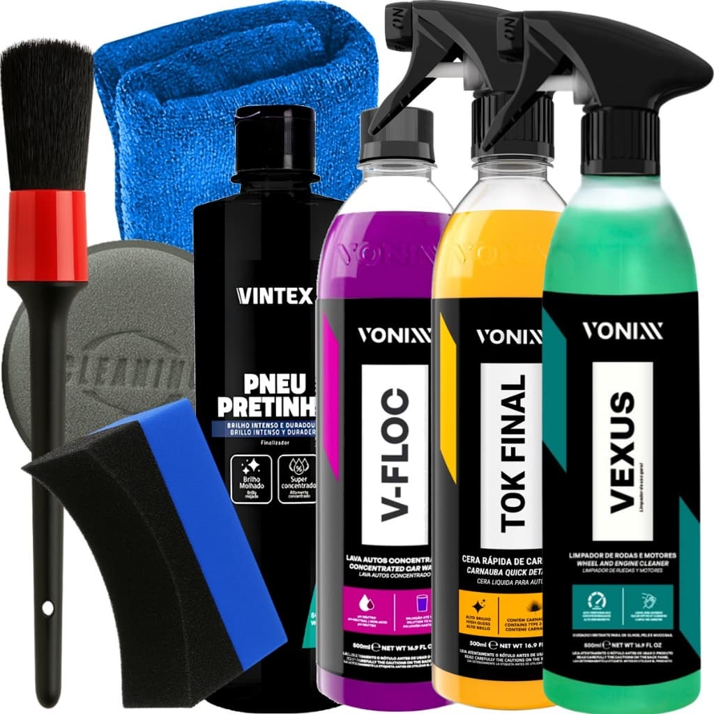 Kit Completo Vonixx Cera Tok Final Shampoo V-Floc e Pneu Pretinho Limpa Motor Vexus e Acessórios