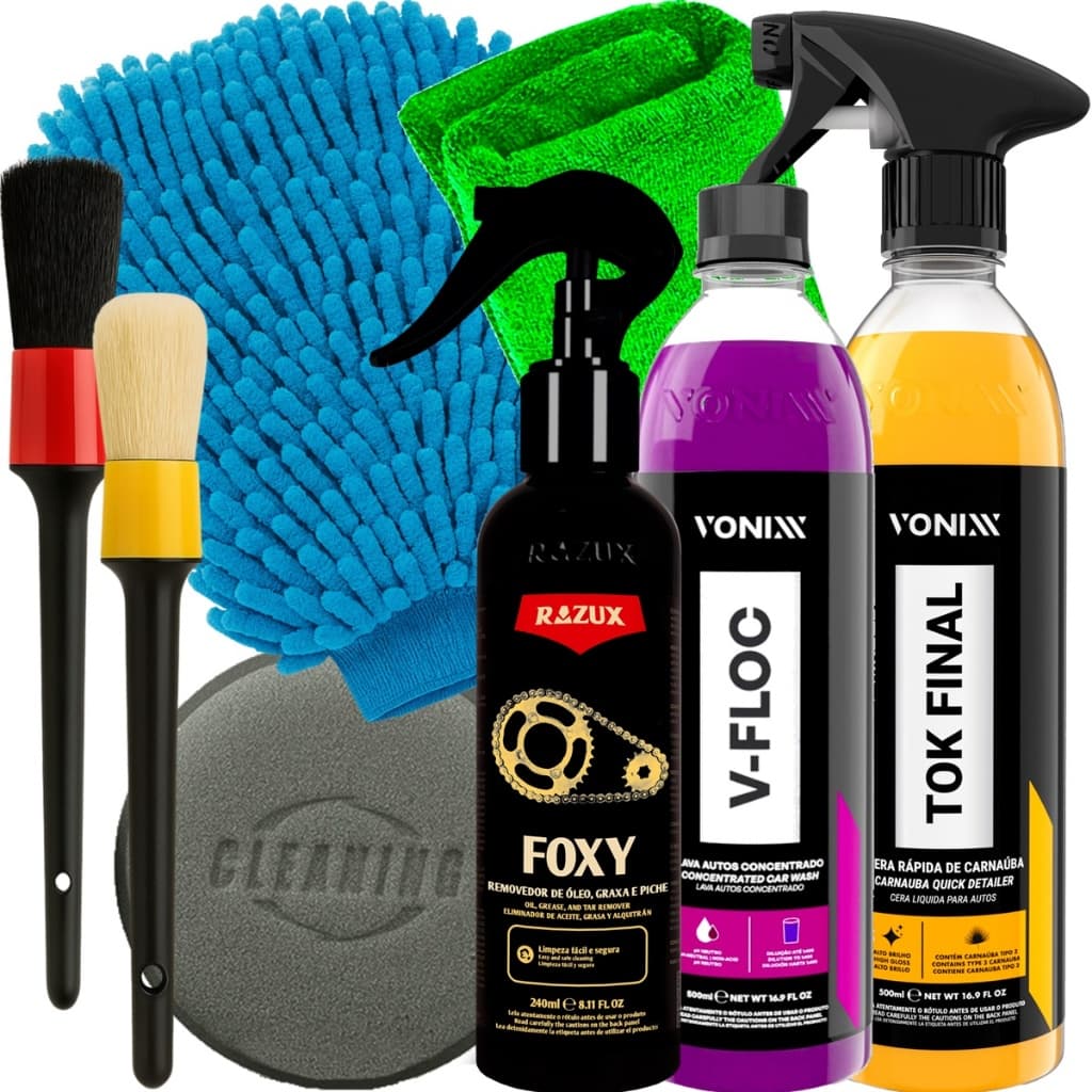 Kit Completo Vonixx Lavagem Automotiva V-Floc 500ml Cera Tok Final 500ml Vonixx Limpador Foxy 240ml Razux e Acessórios