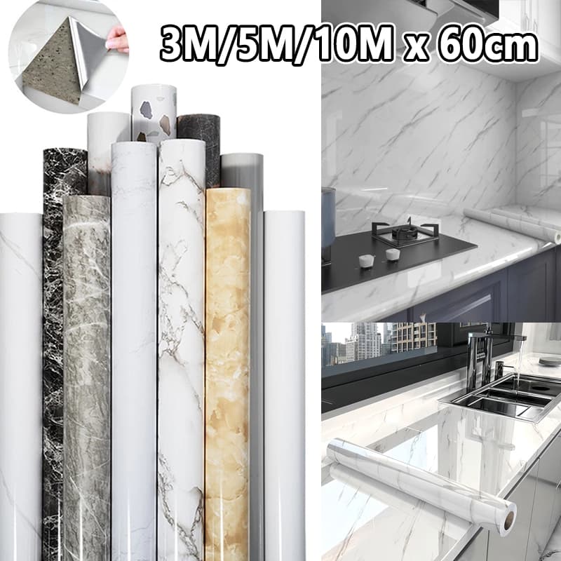 Papel de parede Adesivos para cozinha quarto Brilhante Lavável Mármore gelo 3/5/10M x 60cm Resistente Agua