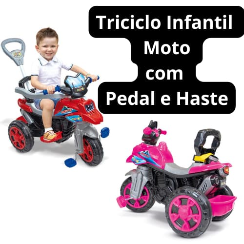 Triciclo Infantil Moto com Pedal e Haste, cinto de segurança, buzina, apoio para os pés removível