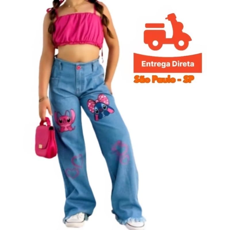 calça jeans wide leg stitch juvenil feminina calça  jeans pantalona infantil  calça do stitch preta calça flare menina