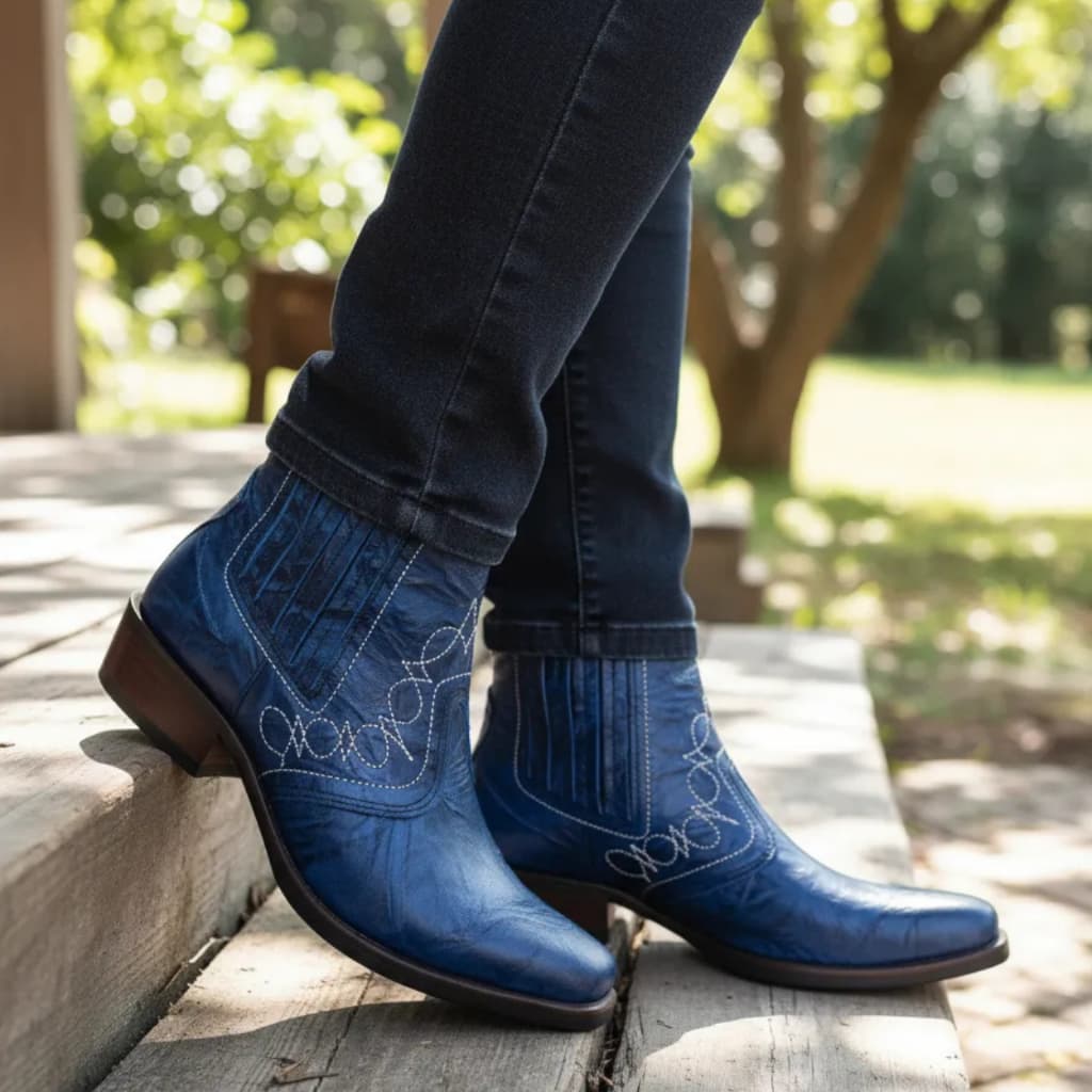 Bota Masculina Feminina Unissex em Couro Cor Azul Legitimo Estilo Country Vaquejada 3736 Botina Leve