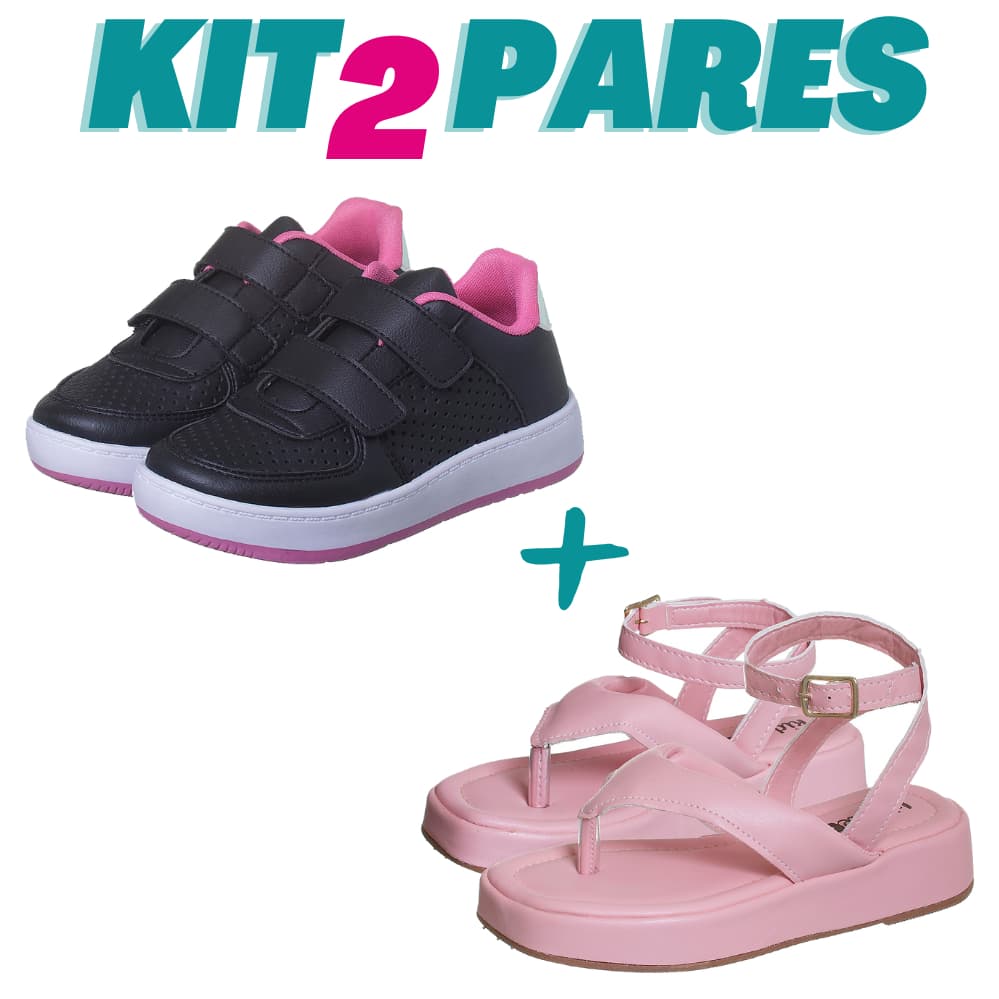 KIT 2 PARES Tênis Infantil Menina Casual Preto com Pink e Sandália Flat Rosa Promoção