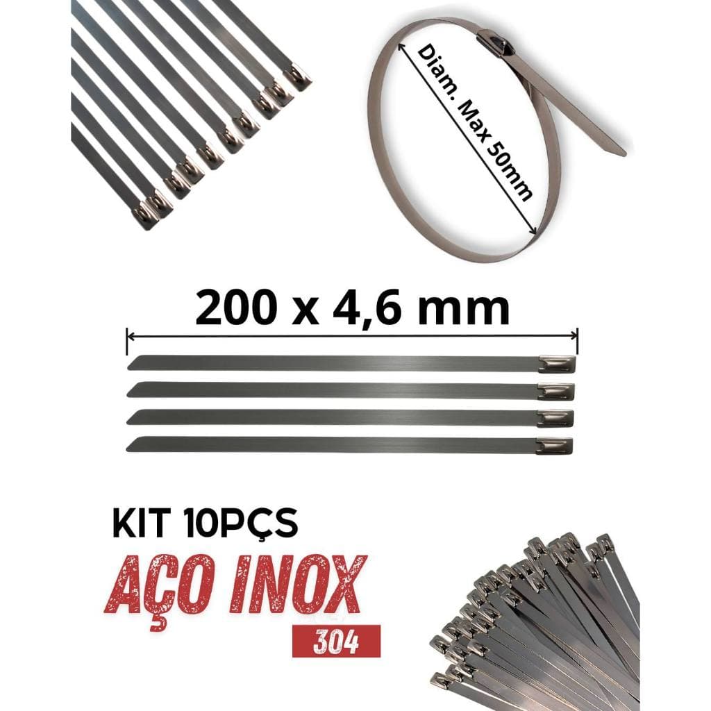 Kit10 Abraçadeira Zip Tie Aço Inox304 Enforca Gato 200x4,6mm Ø Máx 50mm Termotape Coifa Homocinetica