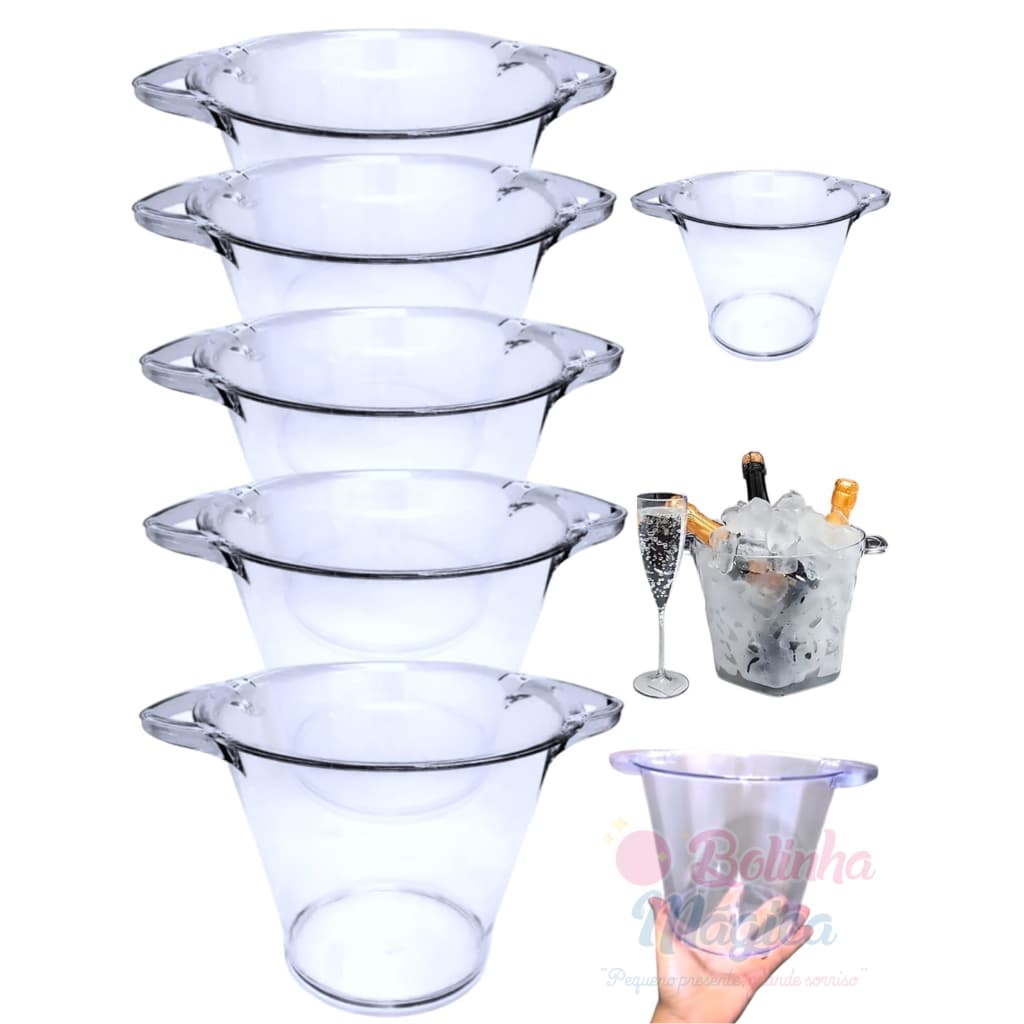 Kit 5 Baldes de Gelo Acrilico Cristal Transparente 4,5L Balde Para Bebidas Festa Casamento Eventos