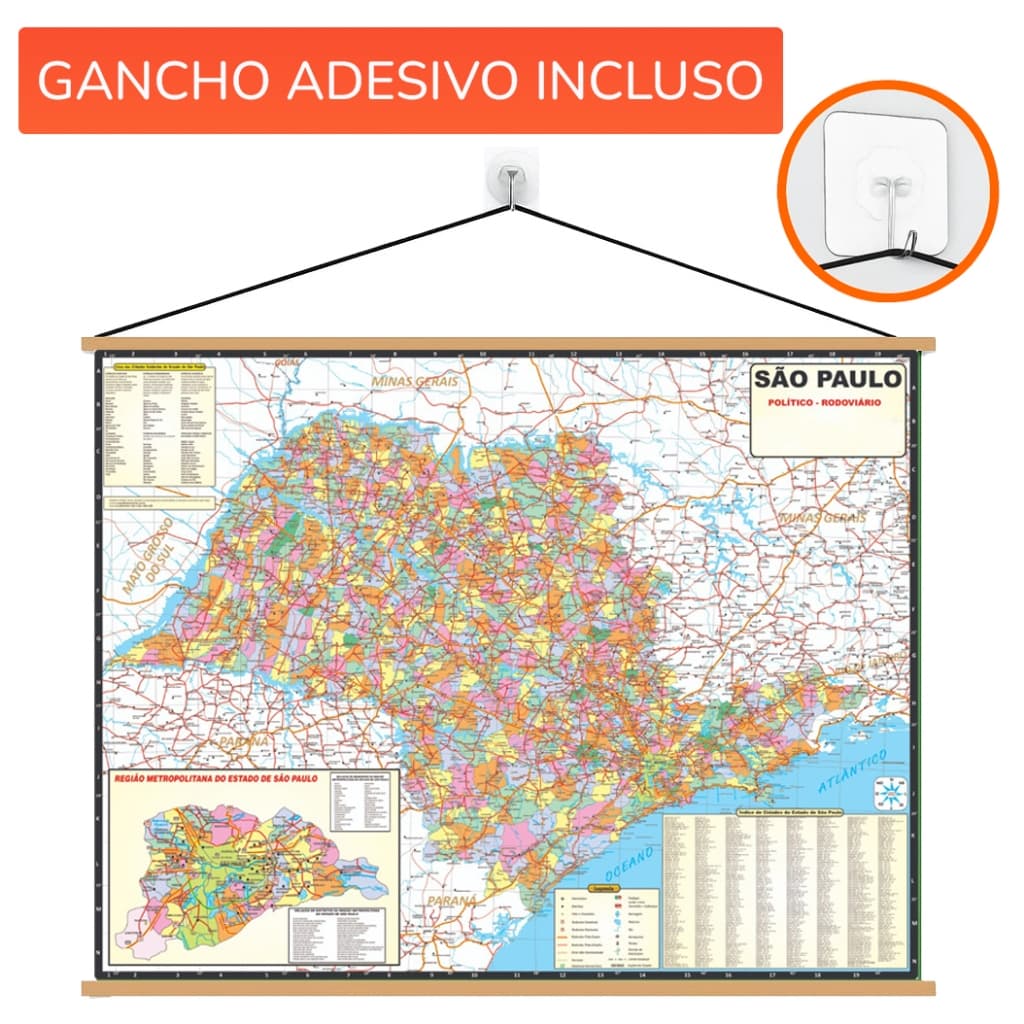 Mapa Estado de São Paulo Banner ED. 2026 + Gancho Autocolante Pronto Para Pendurar- Grande 120x90cm