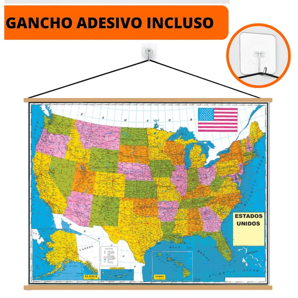 Mapa EUA Estados Unidos da América Banner+Gancho Autocolante Pronto Para Pendurar - Grande 120x90cm