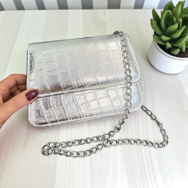 Bolsa Feminina Prata Festa Mini Croco Metalizada Pronta Entrega