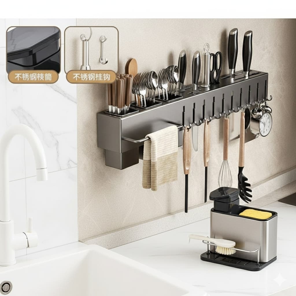 Organizador de Pia com Porta Detergente-Inox e Suporte para Utensílios de Cozinha 10 Ganchos - Cinza