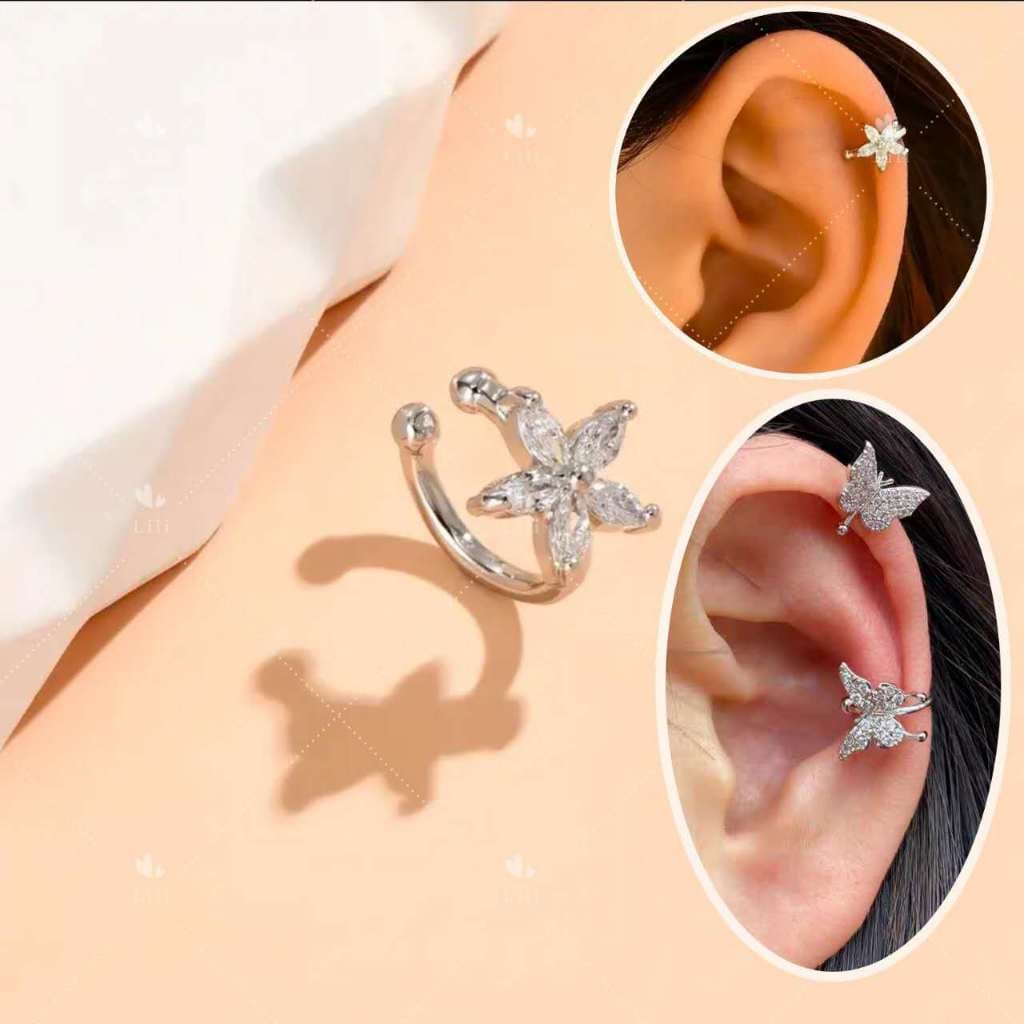 2 Pecas de Brincos de Clip Flor/Borborletas de Cristal  Sem Furo