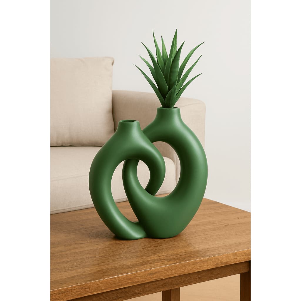 Vaso Decorativo Sala Monaco Moderno em Cerâmica Cor Verde Musgo 2 Peças