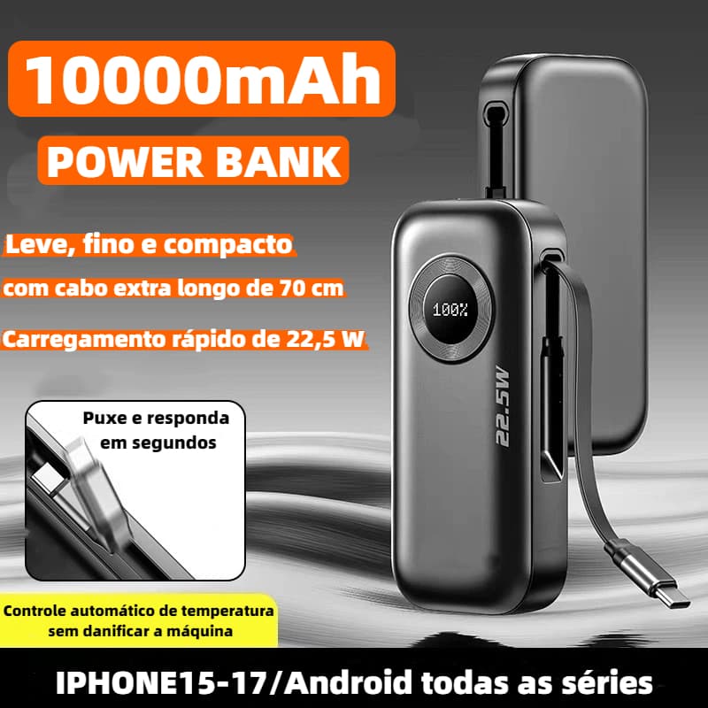 Carregador Portatil Power Bank 10000mah carregamento rápido de 22,5 W com cabo de dados de 70 cm HREBOS PB-199