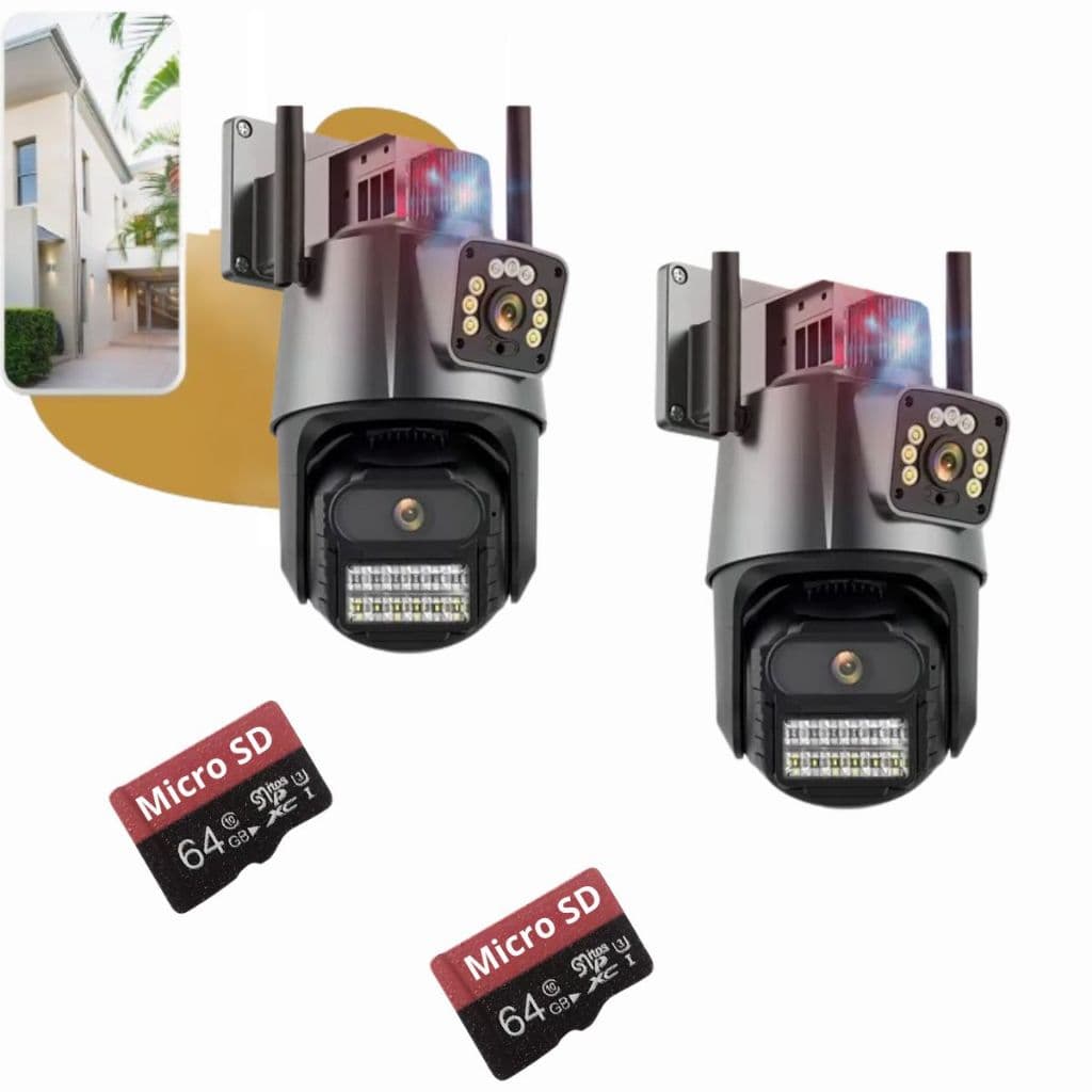 Kit 2 Câmeras Dupla Lente com Sirene + 2 Cartões Memória 64GB
