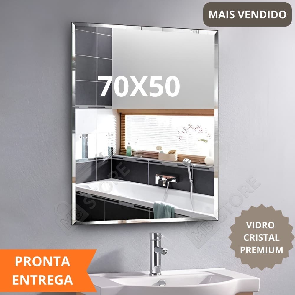 Espelho Bisotê Decorativo Retangular 80X60 ou 70X50cm Chanfrado 20mm + iten de Instalação para Banheiro Sala e Decoração