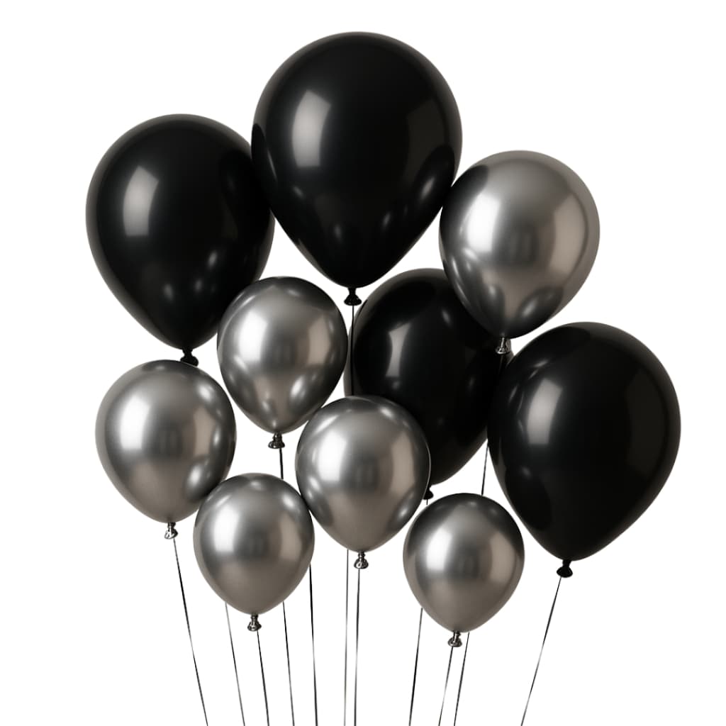 Kit 50 bexigas 9 pol preto + 50 balões cromados 5 pol prata festa decoração aniversário balão