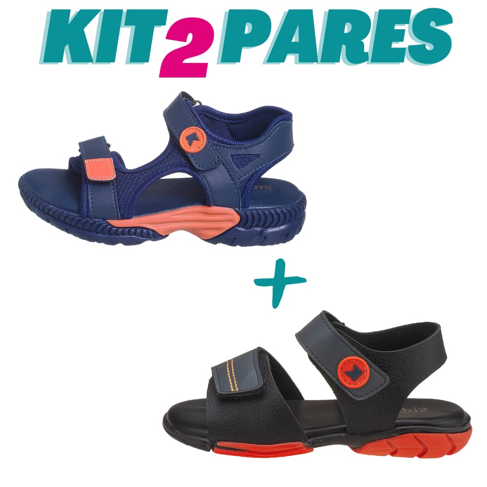 KIT 2 PARES Sandália Papete Infantil Menino Marinho Laranja e Papete Preta com Laranja Promoção