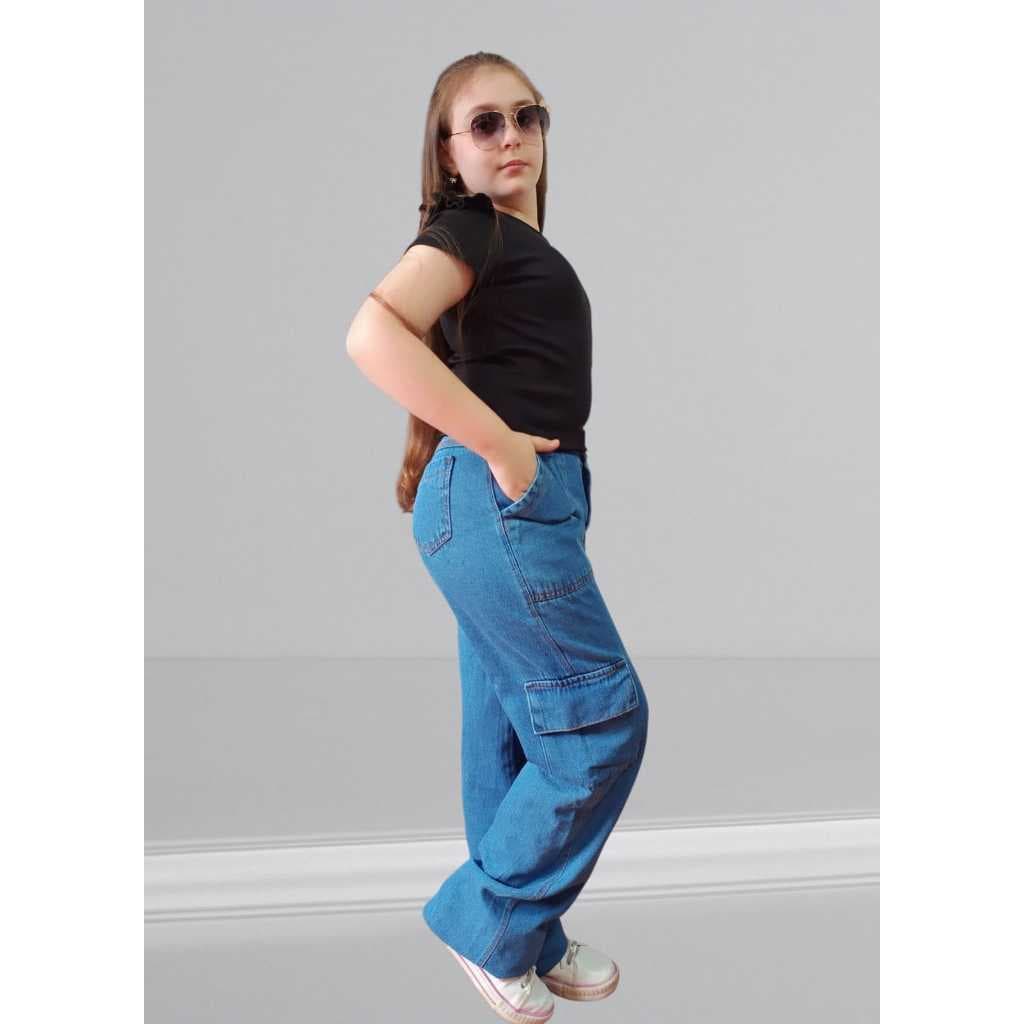 Calca Cargo 6 Bolsos Funcionais Menina Juvenil Jeans