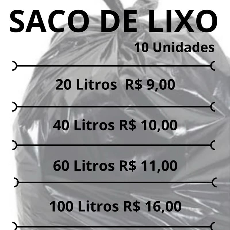 Pacote c/10 Saco de Lixo Preto Reforçado 20L 40L 60L 100L Preto
