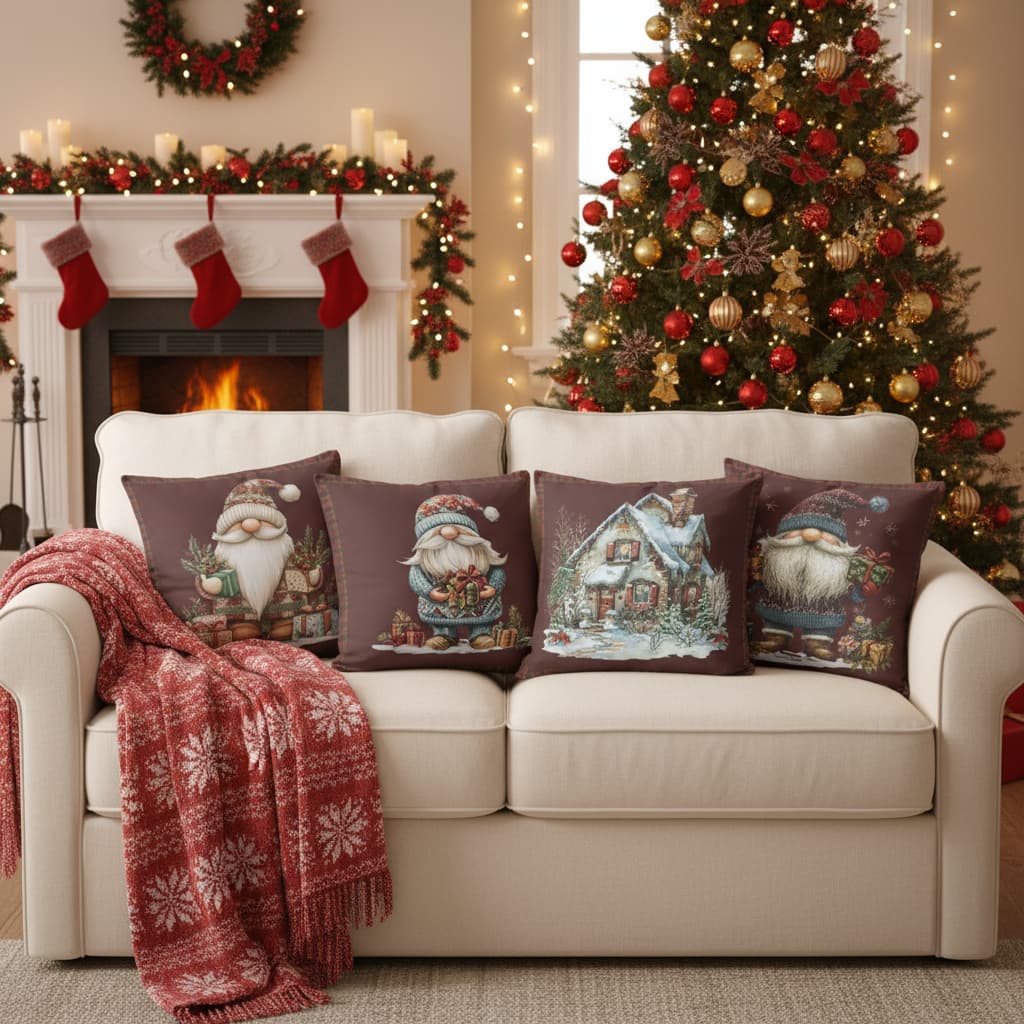 Almofadas de Natal 4 Unidades 45cm X 45cm de Veludo Decorativas com Zíper para Sofá