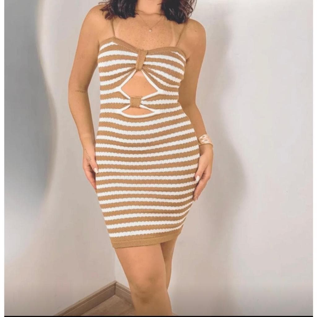 Vestido Listrado Curto  Com Alça Tricot Modal Premium  Verão