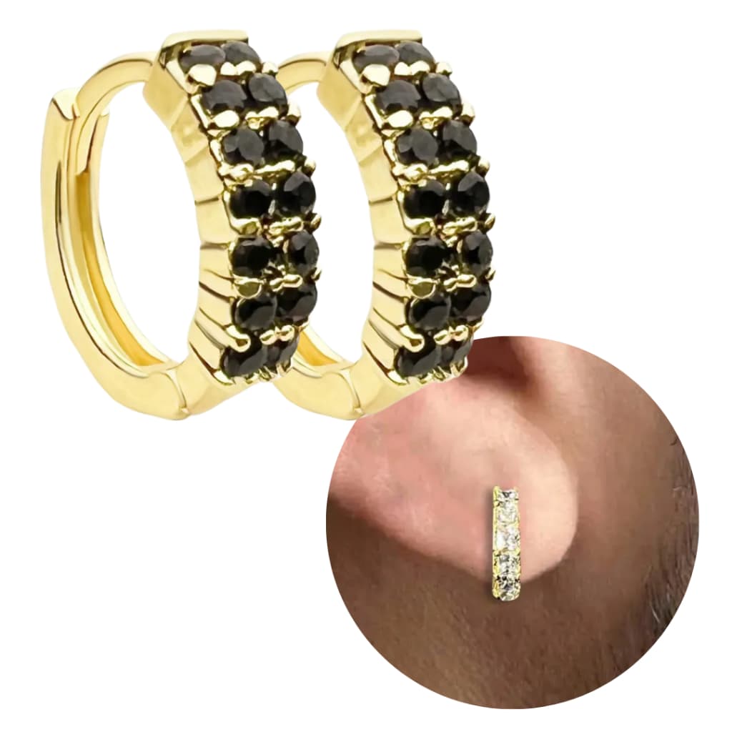 Brinco Argola de Ouro 18k com 14 Pedras em Zircônia Preta Banhado a Ouro