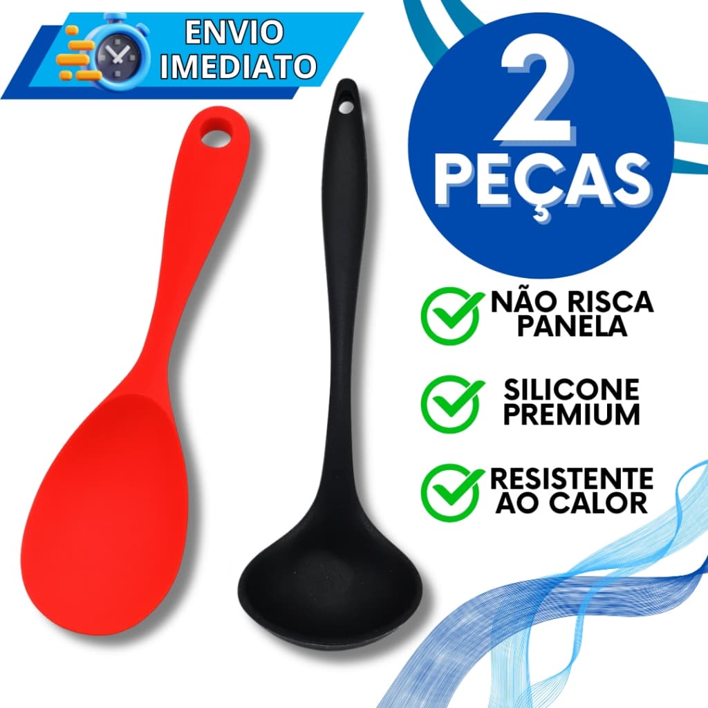 KIT Jogo 2 Utensílios de Cozinha Silicone Premium Colher de Servir + Concha  Super Resistente Não Risca Panela para Casa