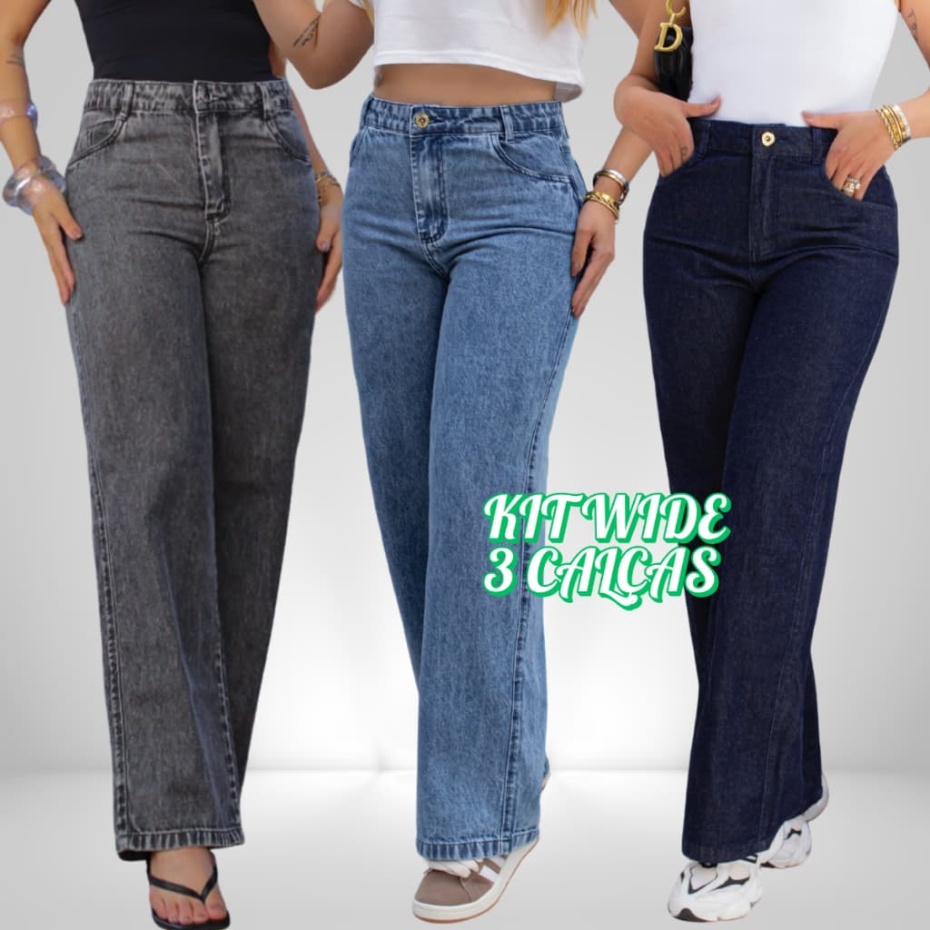 KIT 3 Wide Leg Feminina Cós Alto Empina Bumbum Pantalona Grafite-Marmo-Carbono