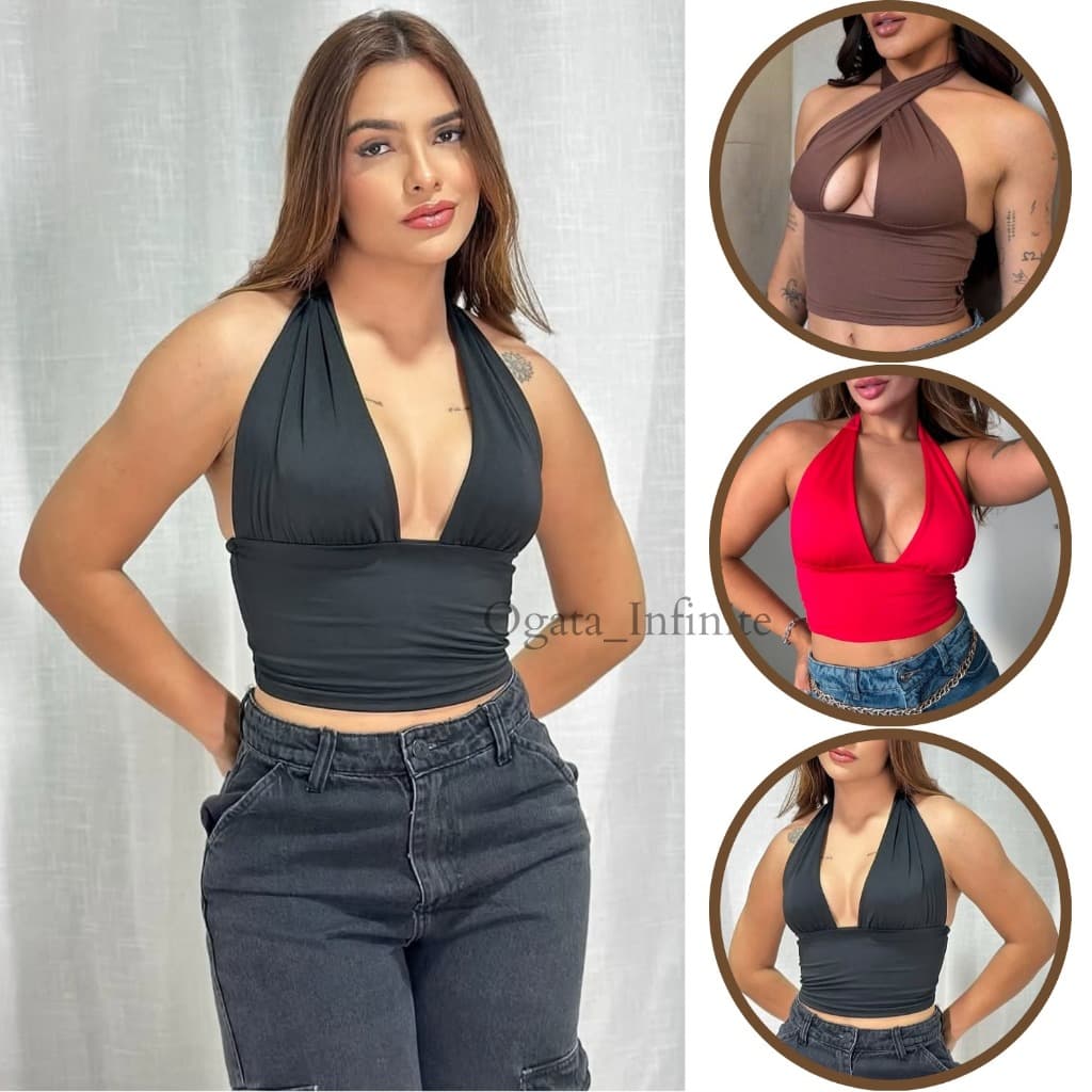 Top Cropped Frente Única Amarraçao No Pescoço Multi forma Decote Moda Gringa Decotado Suplex Premium